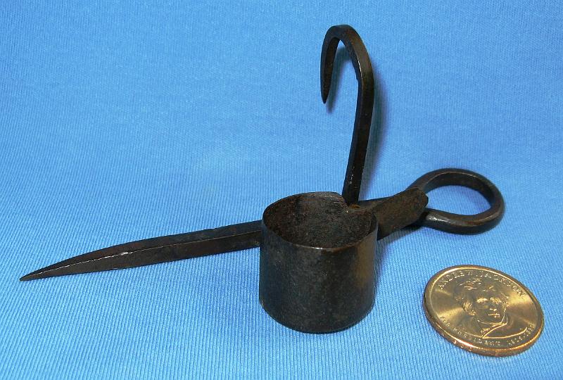 Miniature Steel Std Thimble LSide.JPG - MINIATURE STEEL STD THIMBLE - Miniature steel candlestick, 4 1/2 in. long, 3/4 in. dia. thimble, 1 5/8 in. hook, one piece construction, full size thimble, blacksmith made, circa 1900, ex-Al Grazevich collection